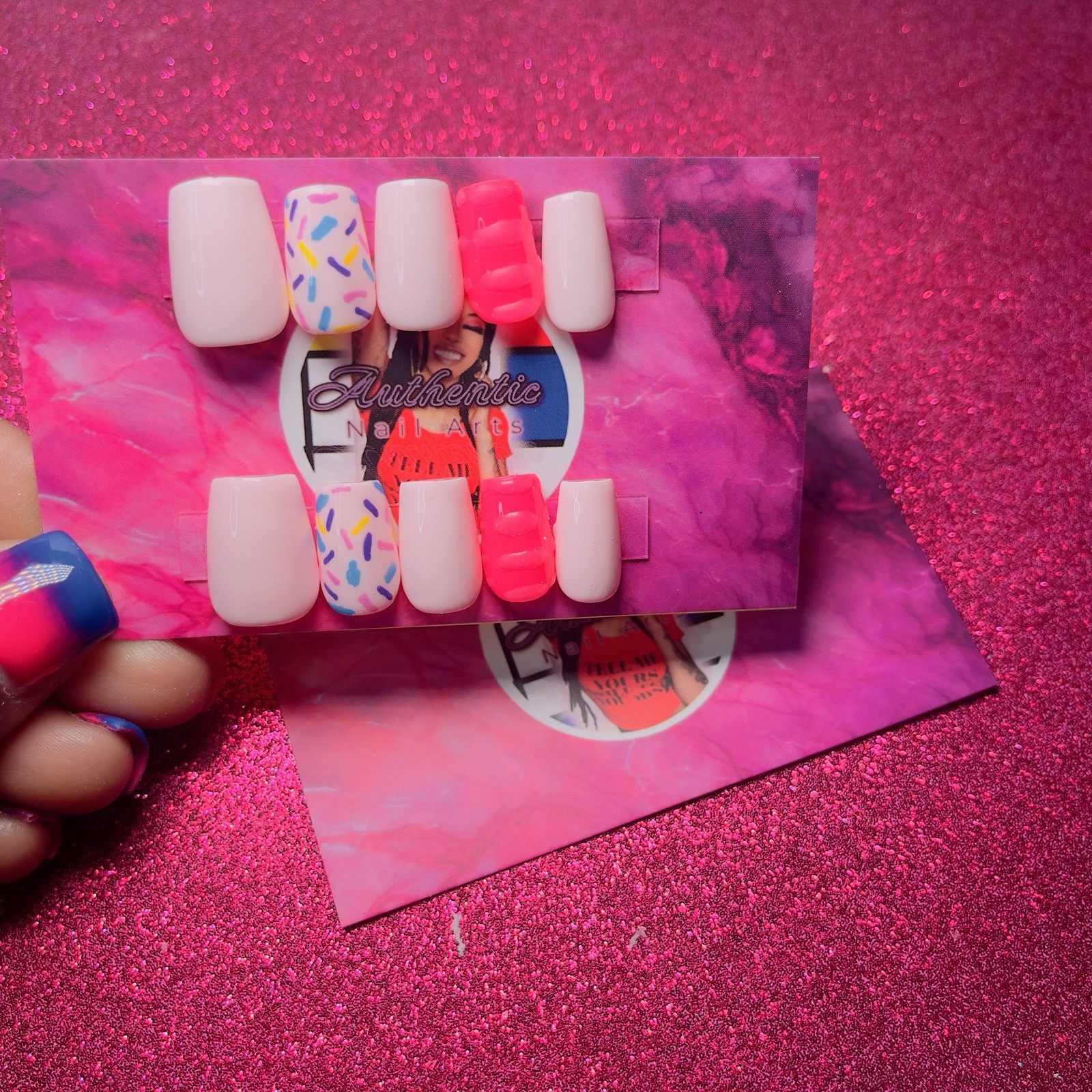 Square Press-On Nails Pink Neon Sprinkles Shiny by Authentic Nail Arts by Dia