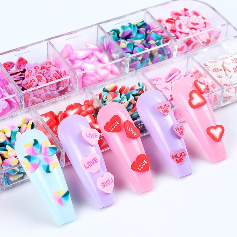 12 Grids Nail Art Mixed Heart LOVE Slices Polymer Clay Flakes DIY Nails Decora