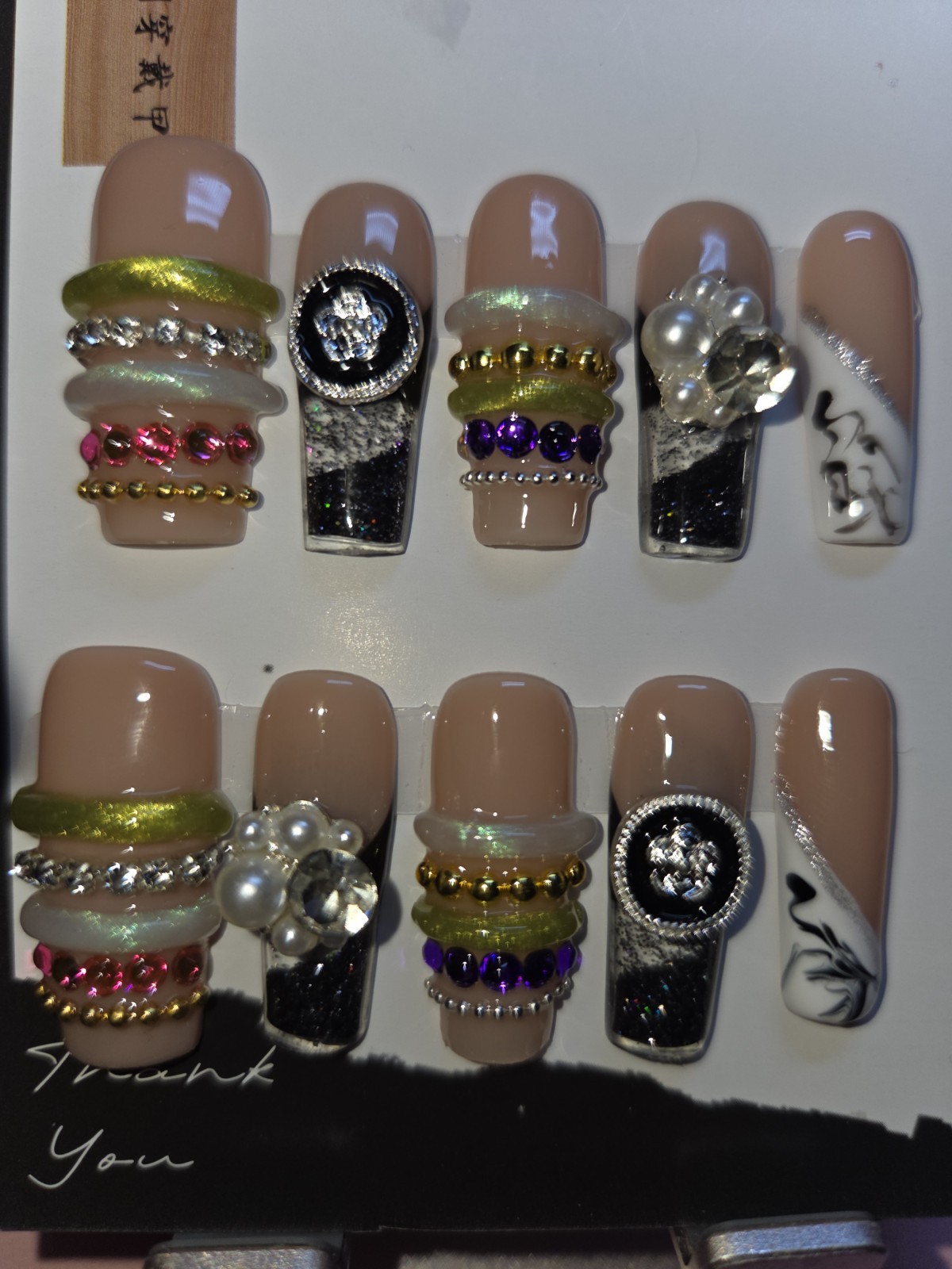 Press On Nails Handmade Medium Black White Y2k Bangle Bracelet Aqua Water Nail