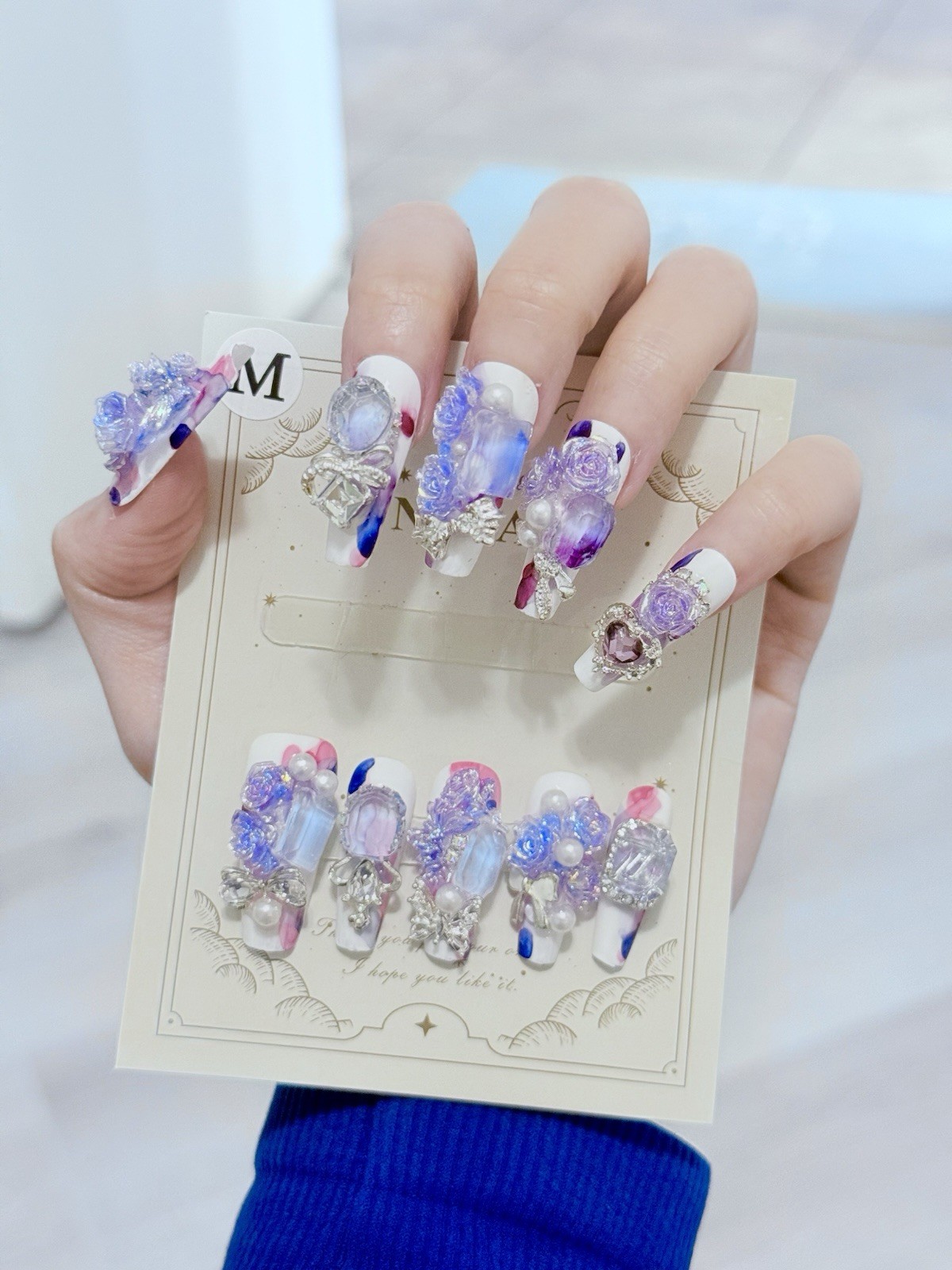 10pcs Handmade Rose Fake Nail Press On/Glue On Nails Size M(Read Description)