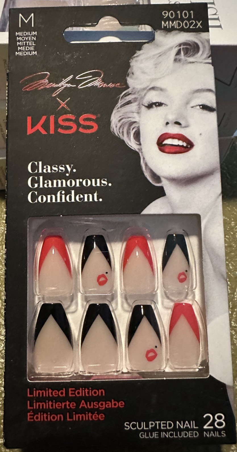 Kiss Nails Manicure Medium Natural Square French Black Red lips kiss accent