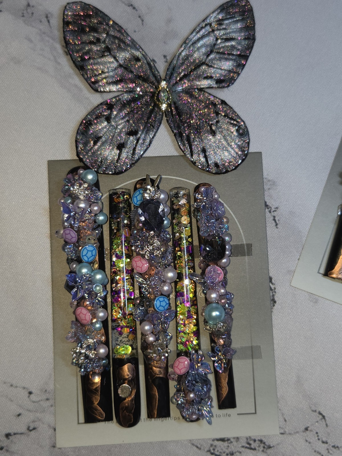 Press On Nails Medium XXXXLONG pink purple butterfly water nails.