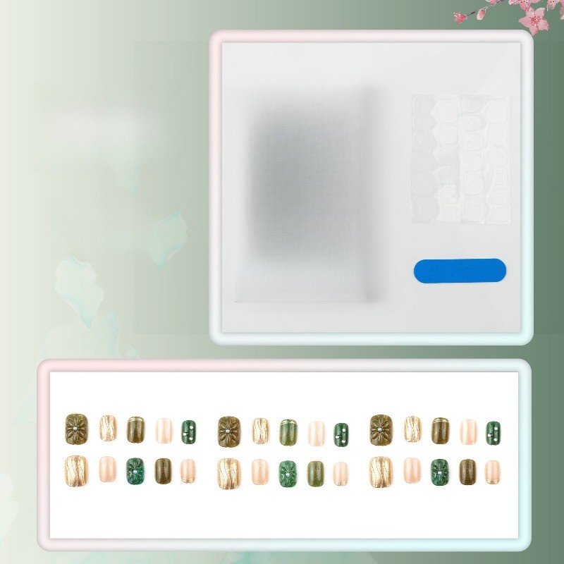 30Pcs-Dark Green 3D Flower Short Square Press on Nails Metallic Rhinestone Tips