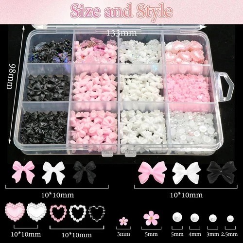 600PCS 3D Nail Charms and Flatback Pearls 3 Colors Bows Nail Art Charms Flowe…