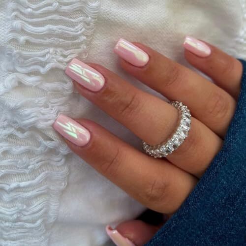 Chrome Square Press on Nails Short Medium, Metallic Fake Nails Coconut Pink