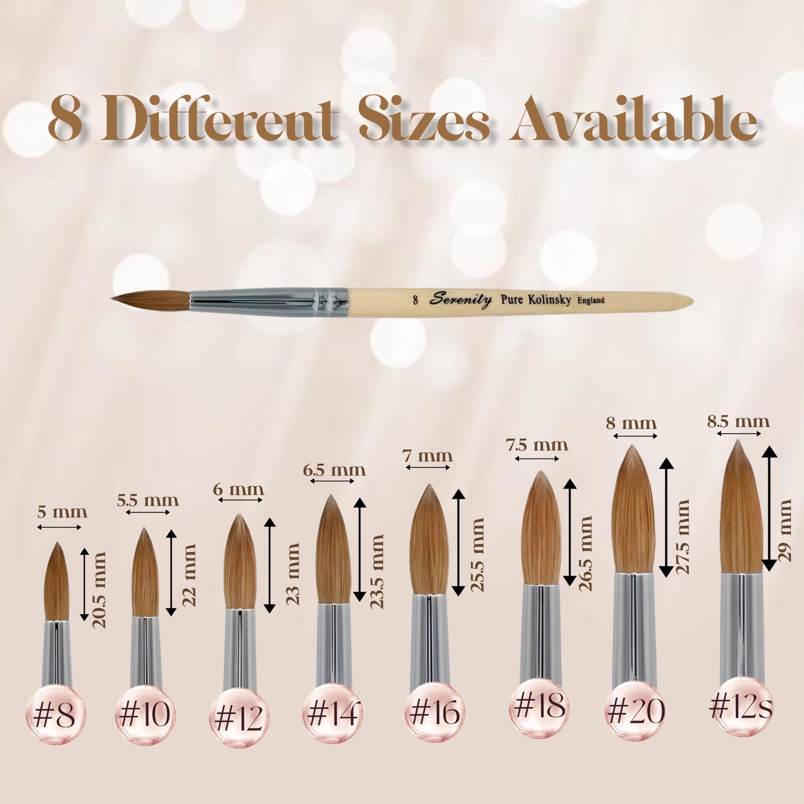 Serenity light Wood 100% real Kolinsky Acrylic Nail Brush Round all size S02-S12