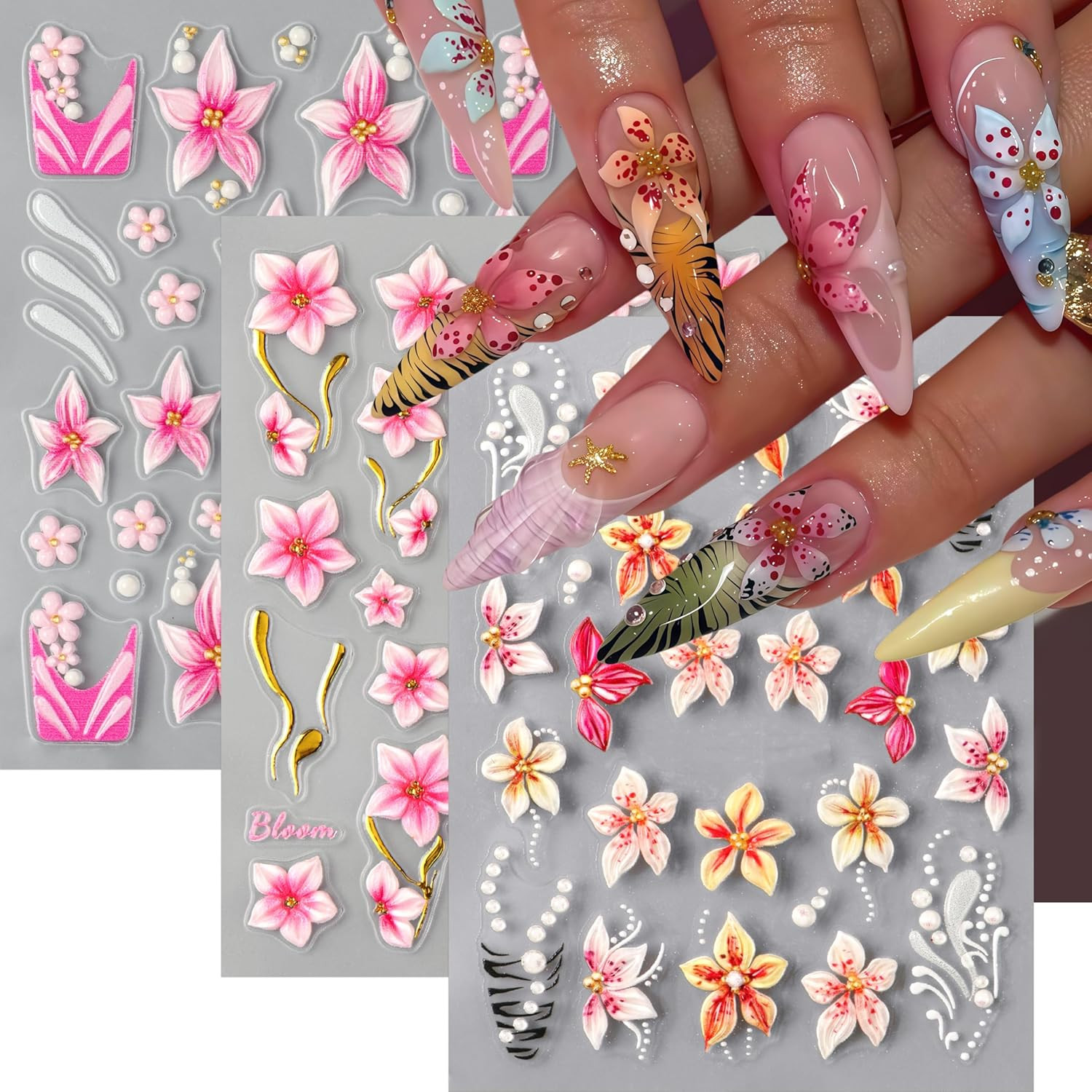 3Sheets Flower Nail Art Stickers Decals 5D Embossed Hibiscus Nail Stickers Lily