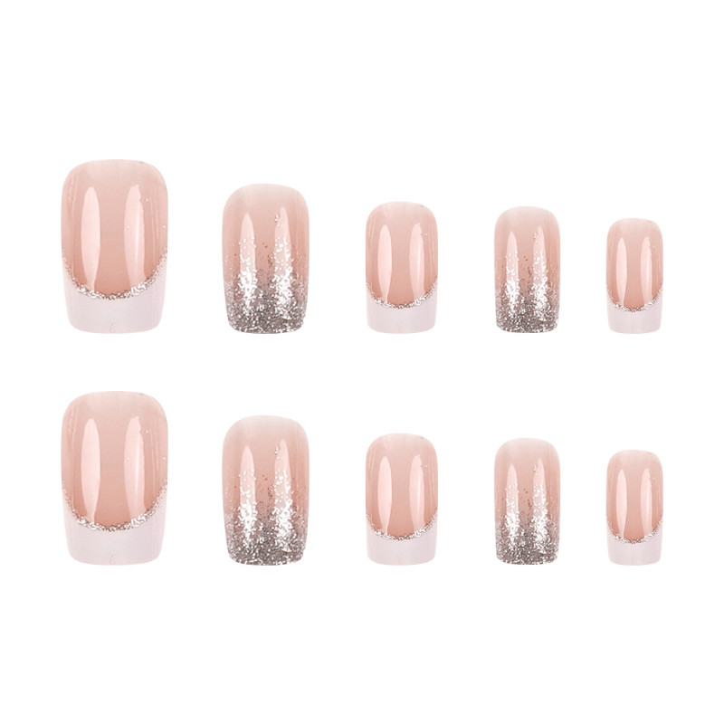 48pcs Short Square Press on Nails, Nude White French Silver Glitter Ombre Nails