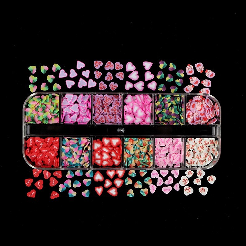 12 Grids Nail Art Mixed Heart LOVE Slices Polymer Clay Flakes DIY Nails Decora