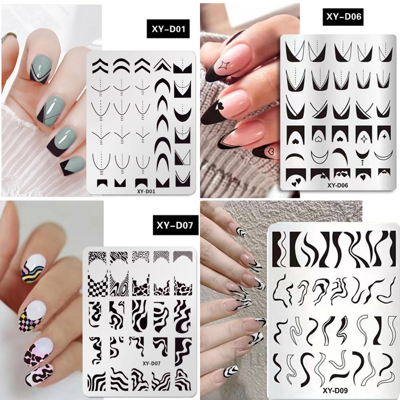 French Line Nail Stamper Plates Kit, 4Pcs Nail Stamping Plates + Dual-end Sil…