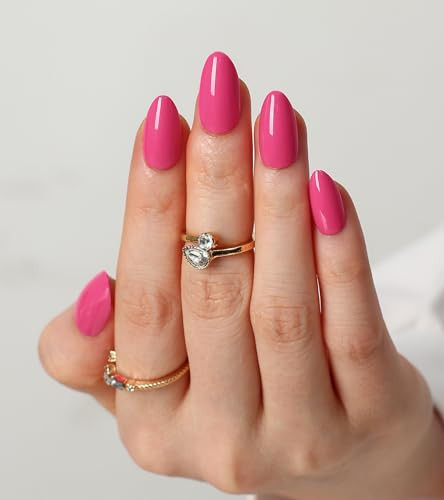 30Pcs Hot Pink Press on Nails Almond, Short Fake Nails Glossy Acrylic False