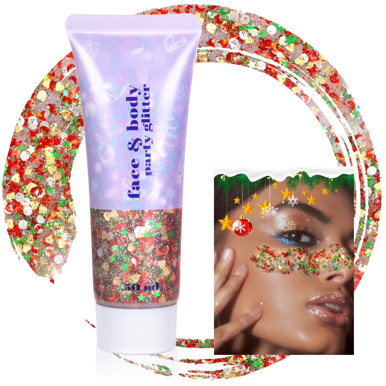 50ML Body Glitter Gel, Red Green Mardi Gras Chunky Glitter Gel for Face Hair …