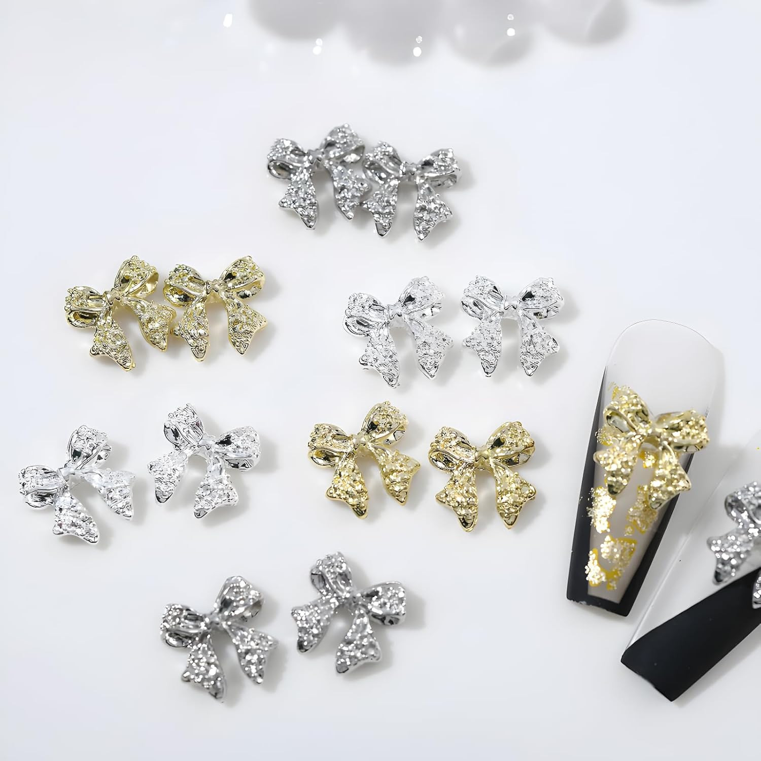 36 Pcs Bow Nail Art Charms 3D Alloy Bow Nail Charms Silver Gold Nail Rhinestones