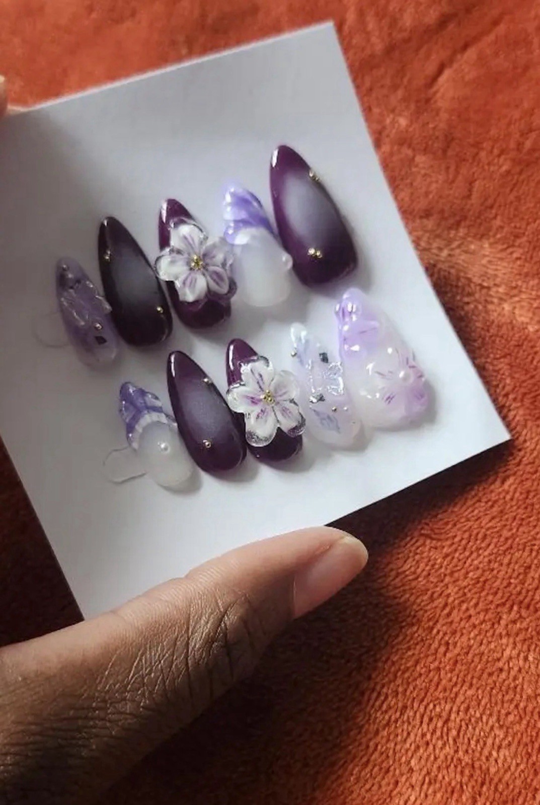 3D Shiny Floral Press-On Nails Set, Long Almond Full Cover Acrylic Purple White