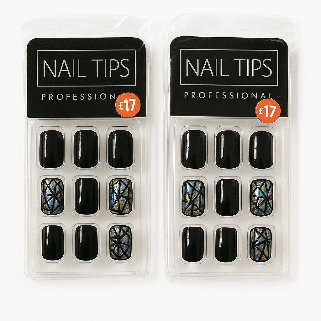 LOT OF 2 PRESS ON ACRYLIC NAILS SHORT Black/Metallic