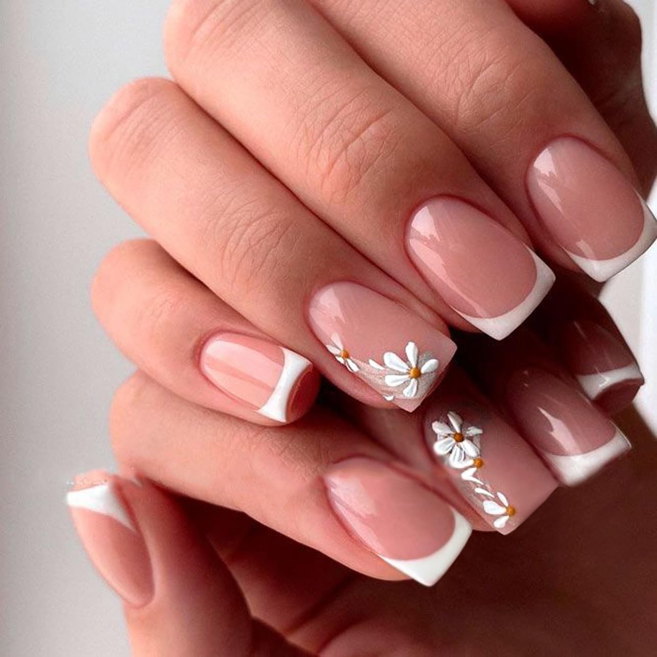French Nude Press On Nails Short Square, Summer Fake Nails with White French …