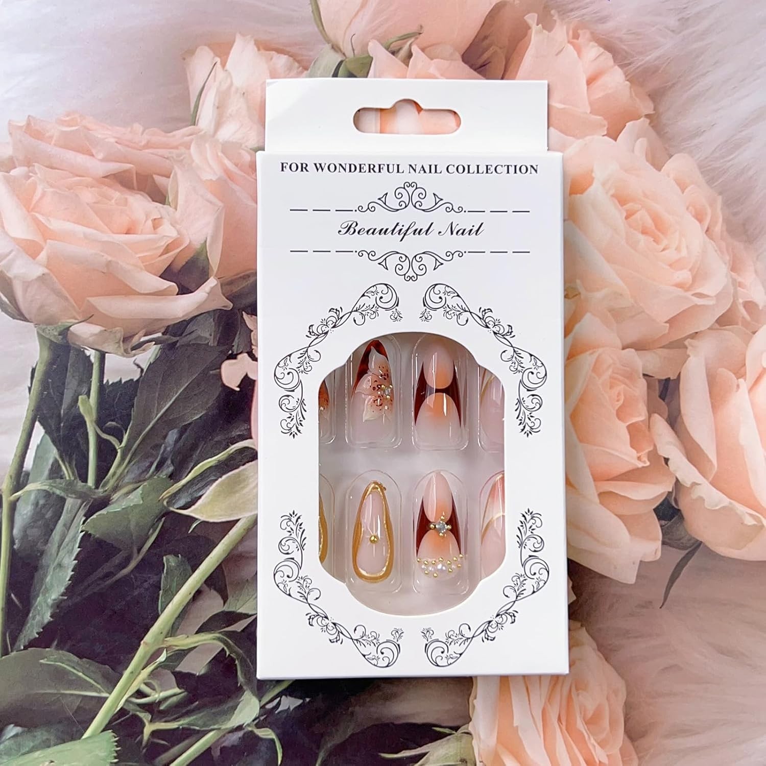 Handmade Press On Nails Almond Medium Long 3D Fake Nails with Charms style01