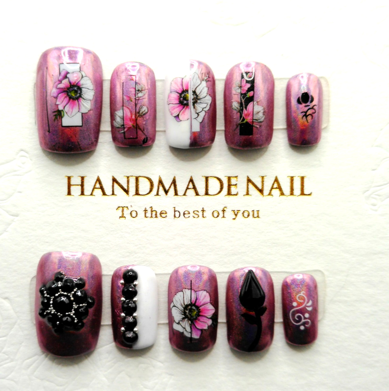 Pink Chrome and White Floral Square Press On Nails – Medium