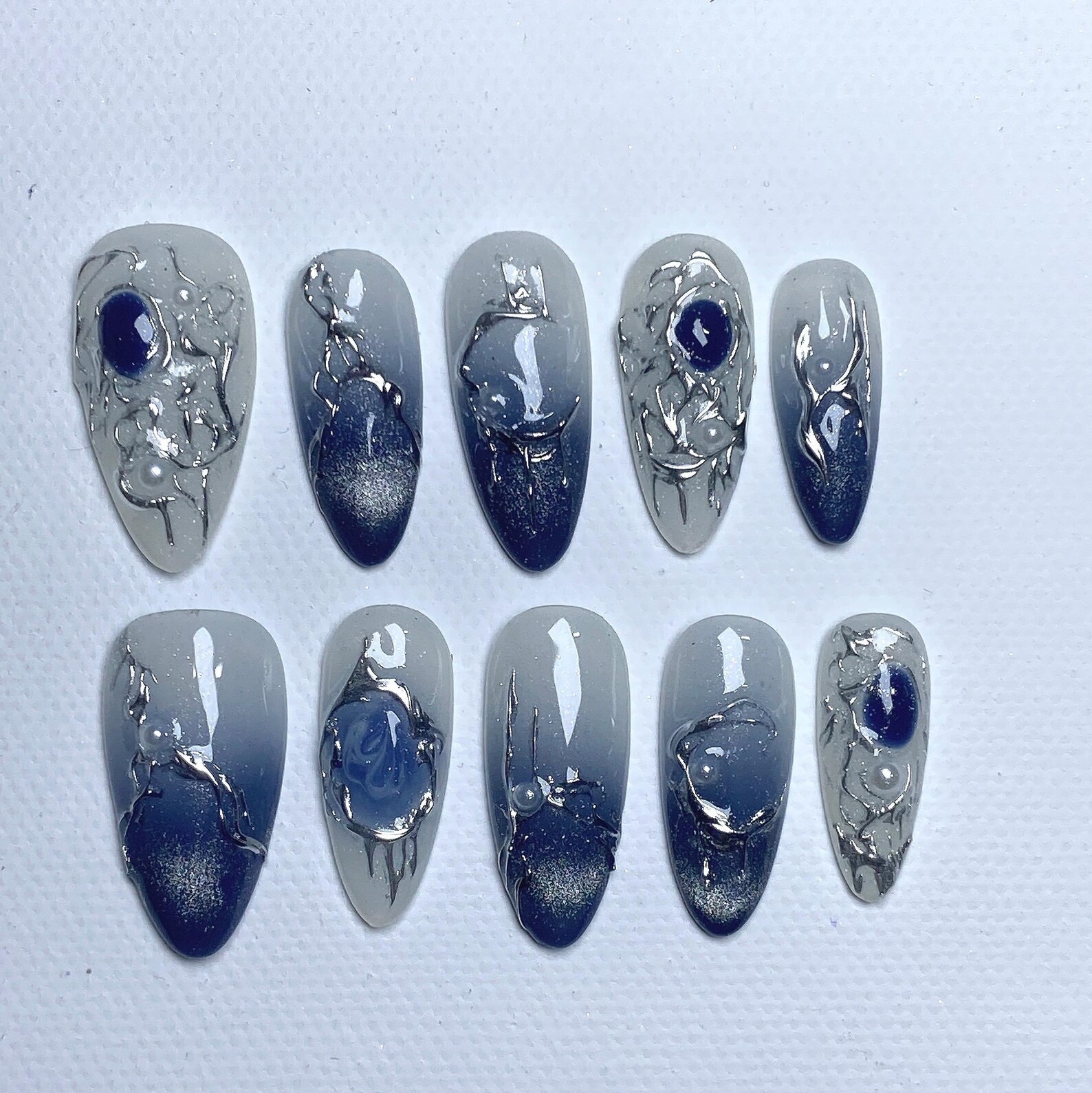 Handmade Blue Gradient Silver Metal Gem Pearl Long Stiletto Press on Nails
