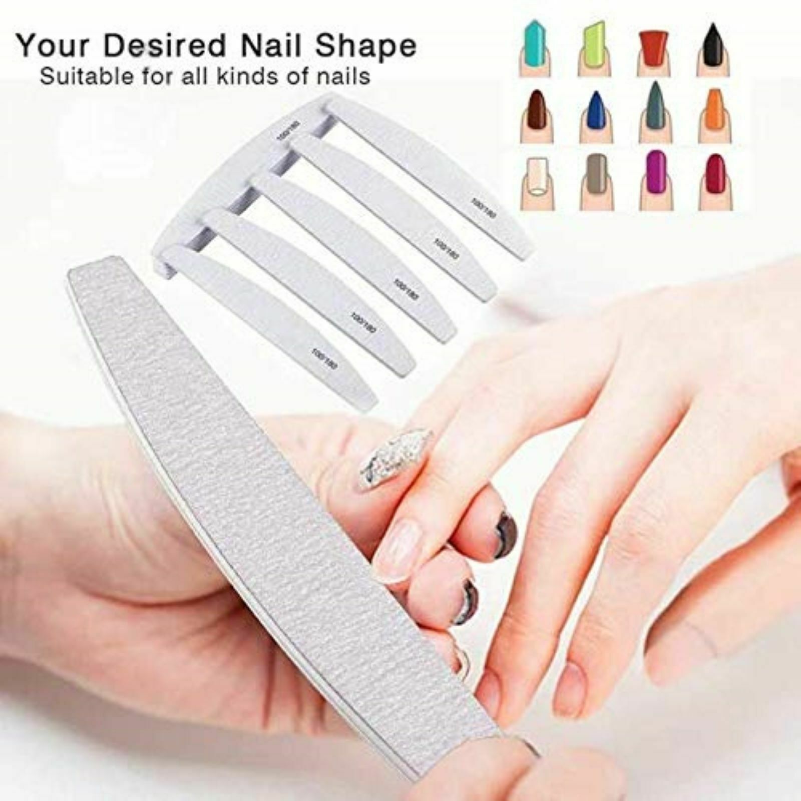NAIL FILES DOUBLE SIDED PROFESSIONAL QUALITY HALF MOON EMERY grit 180/100/240