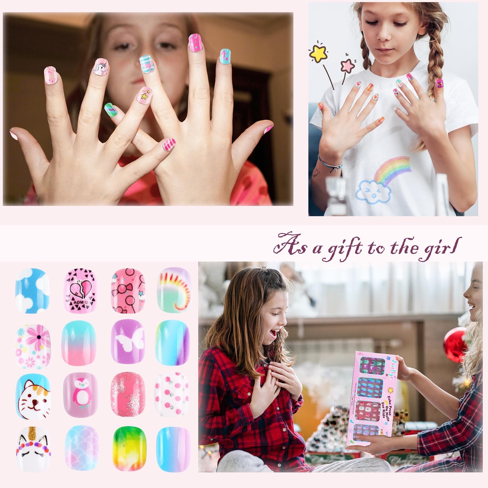Press on Nails for Kids, 192PCS Kids Press on Nails for Girls Colorful Unicorn
