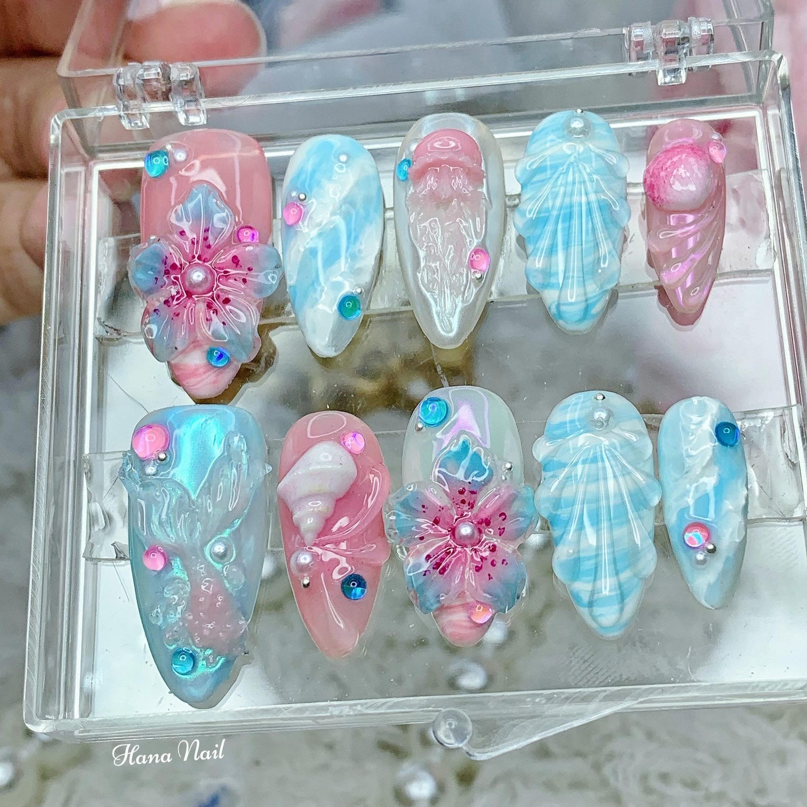 Handmade Mermaid Ocean 3D Flower Seashell Rhinestone Long Almond Press on Nails