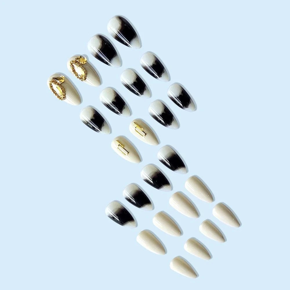Secret Lives 24 PCS Reusable Fake Nails Set | White with Dark Grey Patch & Golde