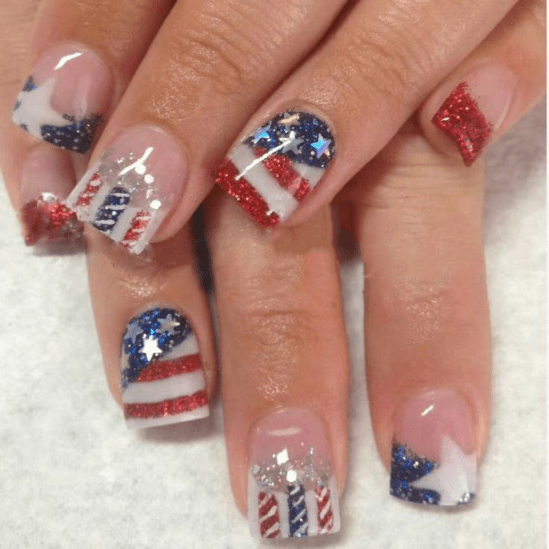 47Pcs-Long Square American Flag Star Glitter French Press on Nails Set