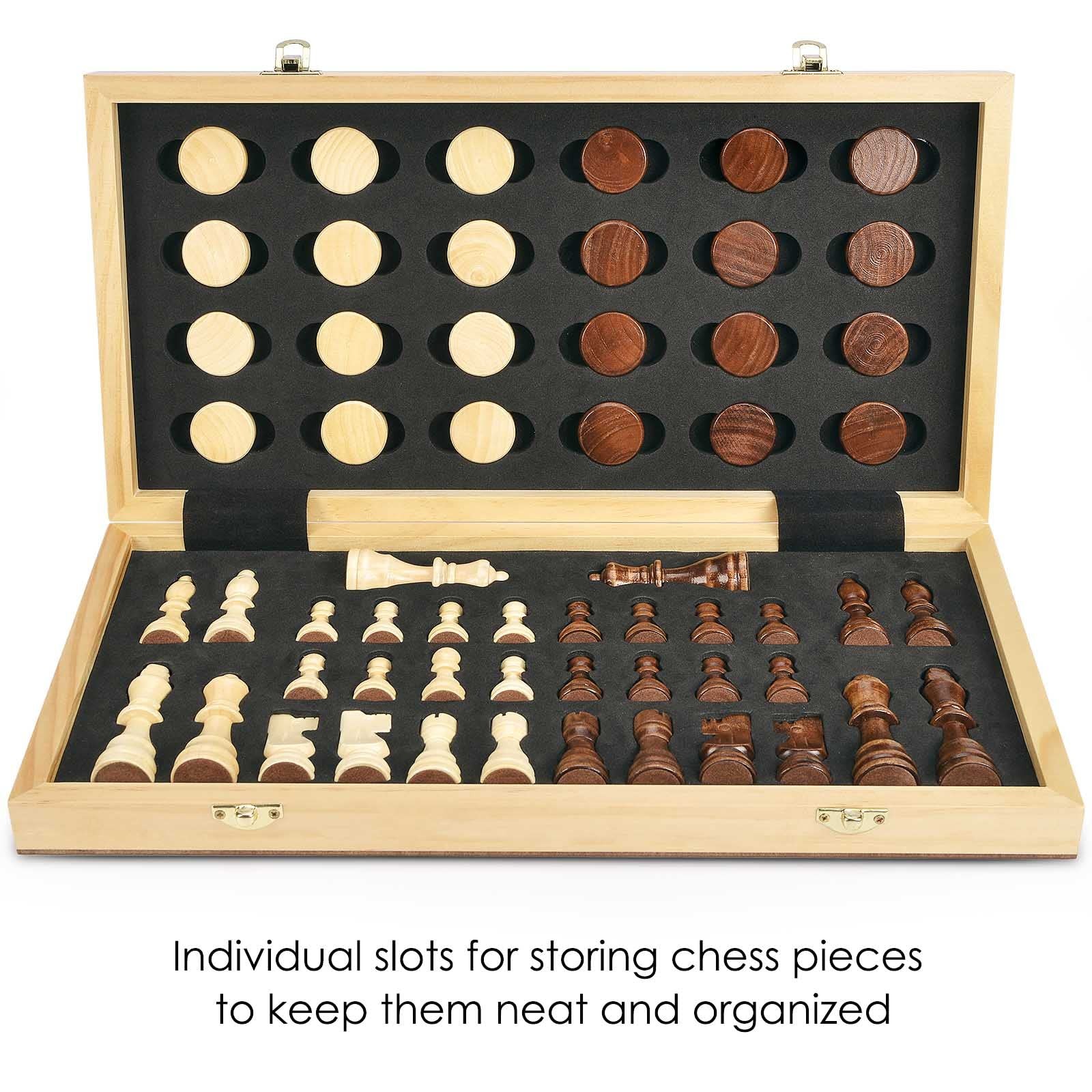 AMEROUS 15” Magnetic Wooden Chess & Checkers Game Set -2 Extra Queens Brown