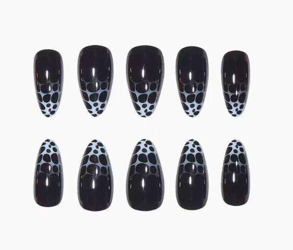 24 Pcs Press-On Nails Medium Almond Glossy – Black with Leopard Print