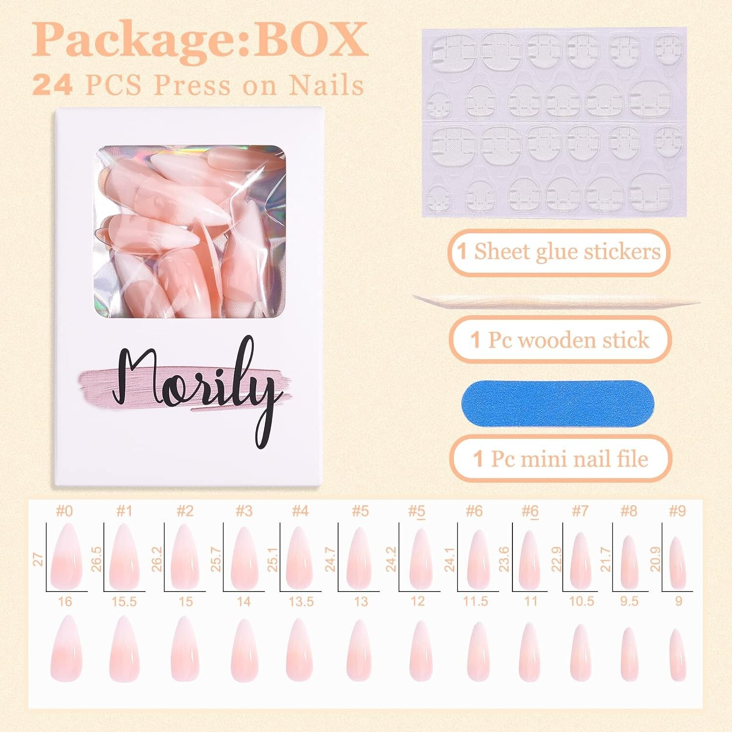 French Ombre Fake Nails – Medium Long Stiletto Almond Press on Nail Tips – 24pcs