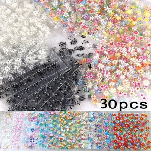 30 Sheets Flower Nail Stickers 3D Self-Adhesive Black White Colorful Cherry