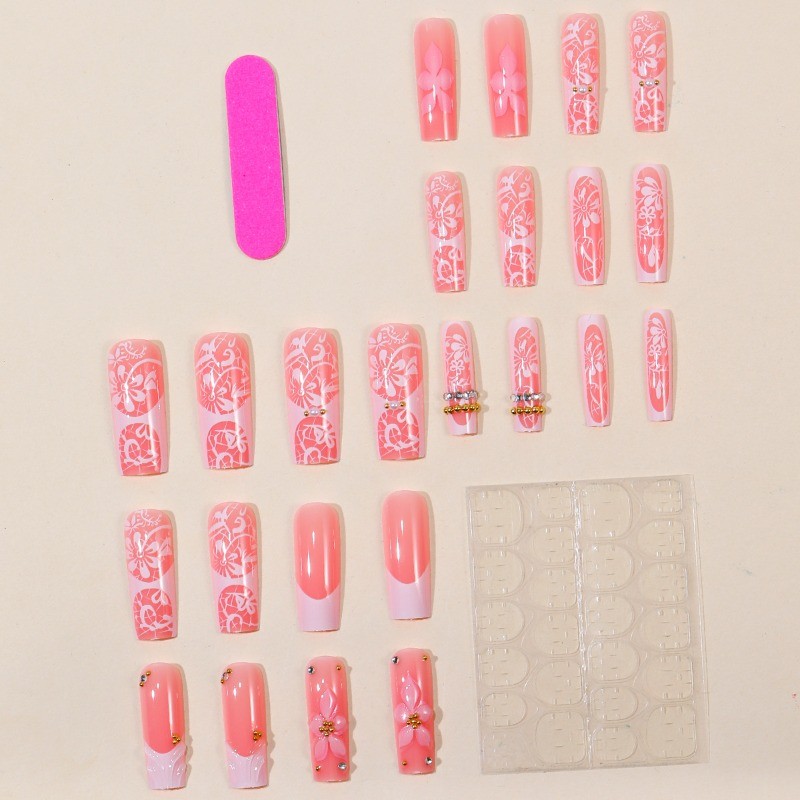 48Pcs Short Taper Press on Nails, Pink Lace Flower French Style Fake Nails