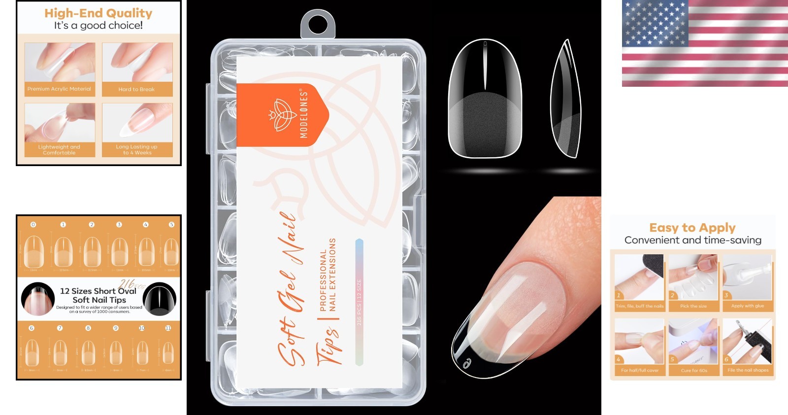 Break Resistant Full Cover Fake Nails Soft Gel Tips 216PCS