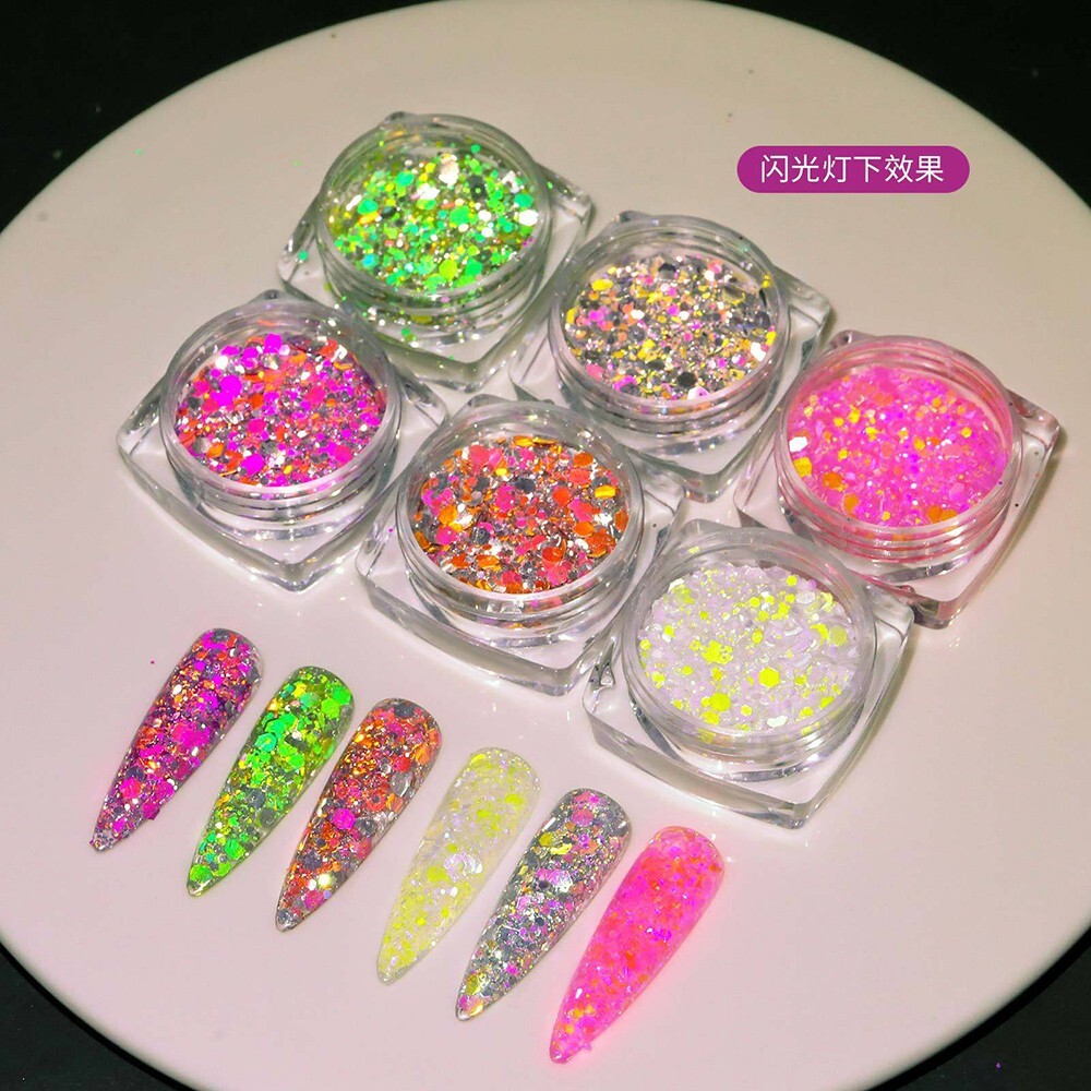 6 Color Set Mix Glitter Nail Sequins Powder Flakes Manicure In The Dark Effect