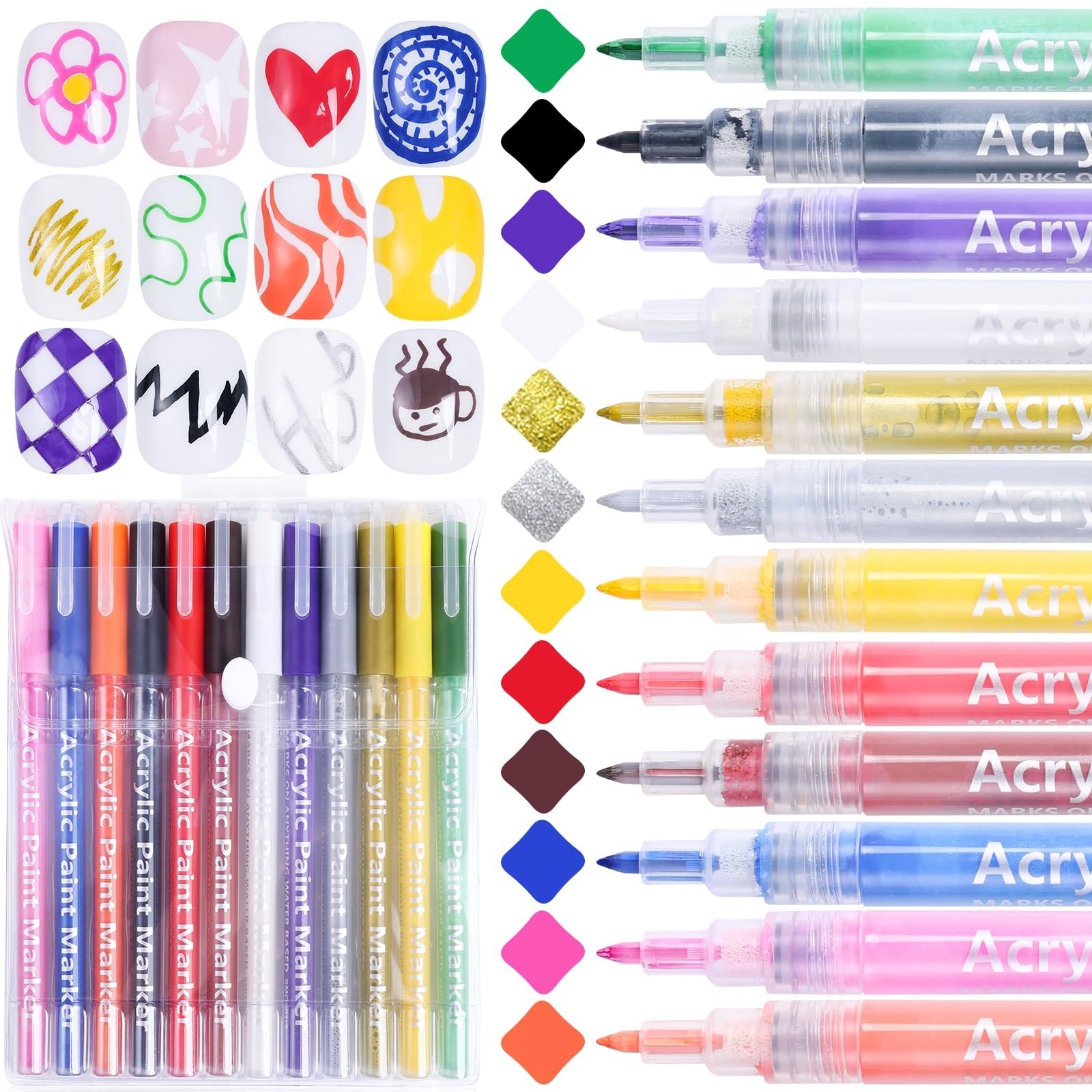 Nail Art Pens Set Fine Tips: 12 Colors 3D Nail Polish Acrylic Pens 0.7MM