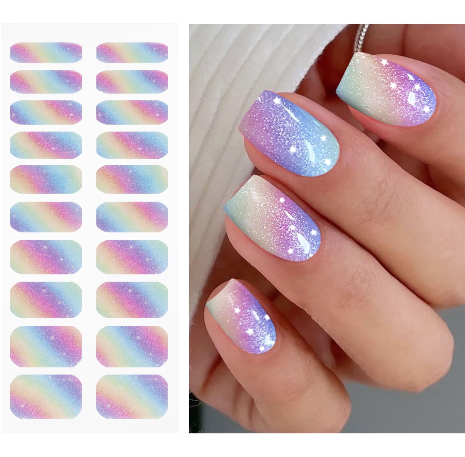 Gel Nail Stickers Rainbow Glitter Semi Cured Gel Nail Strips Wraps UV/LED