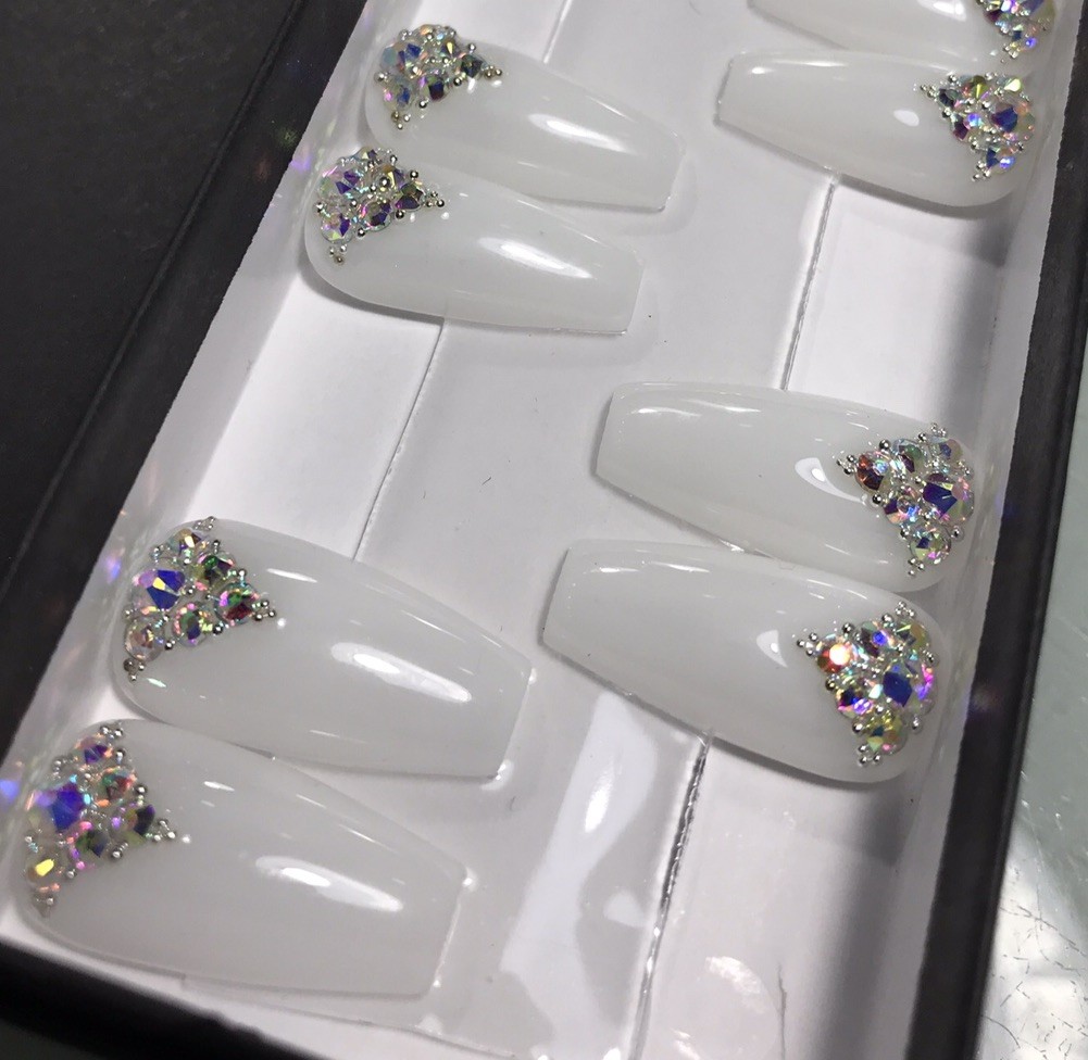 🔥 Press On Nails Handmade- 22 Med Coffin Pink White + Crystal Gel /gel Polish