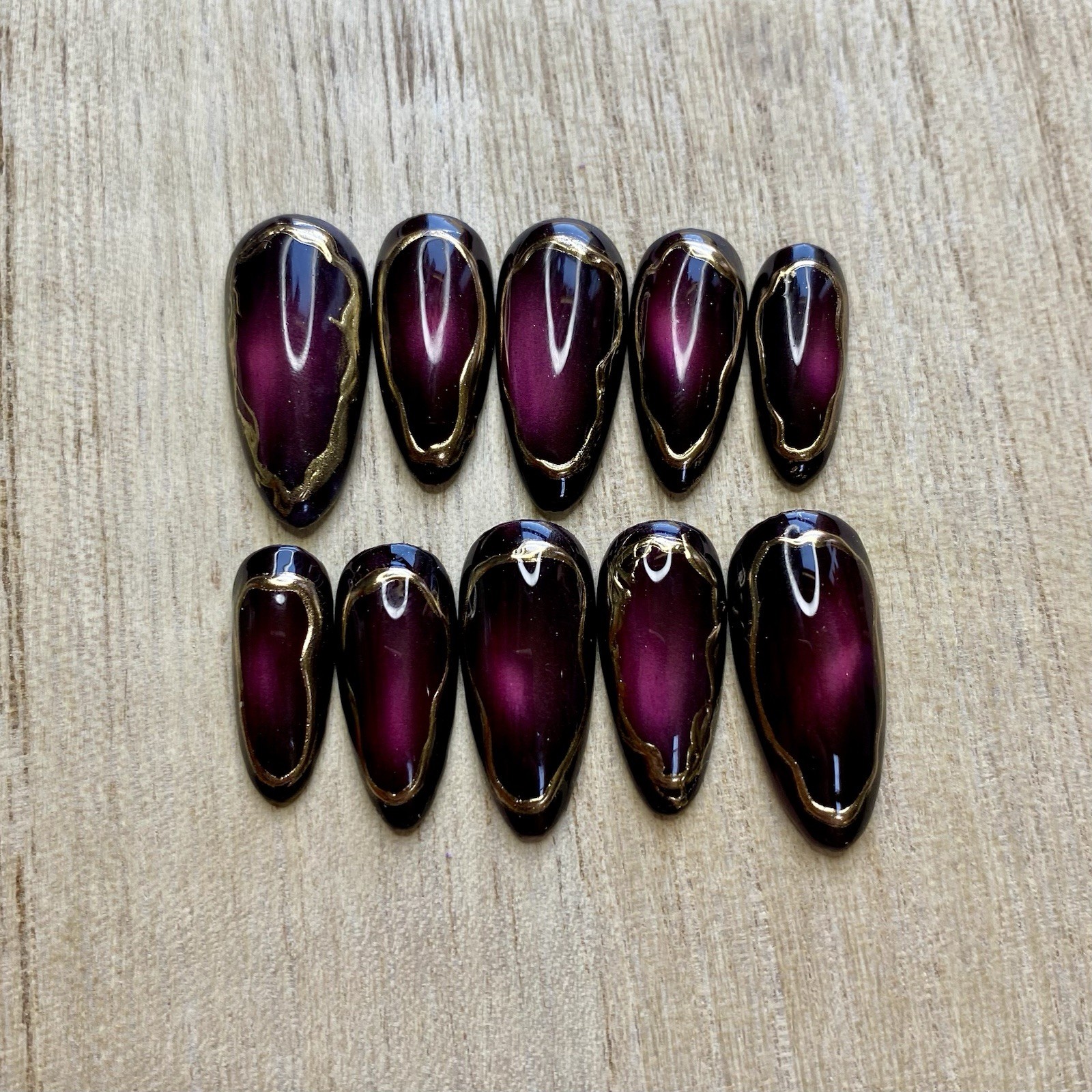 Molten Merlot Press On Nails | Burgundy Cat Eye Nails | Gold Chrome Outline