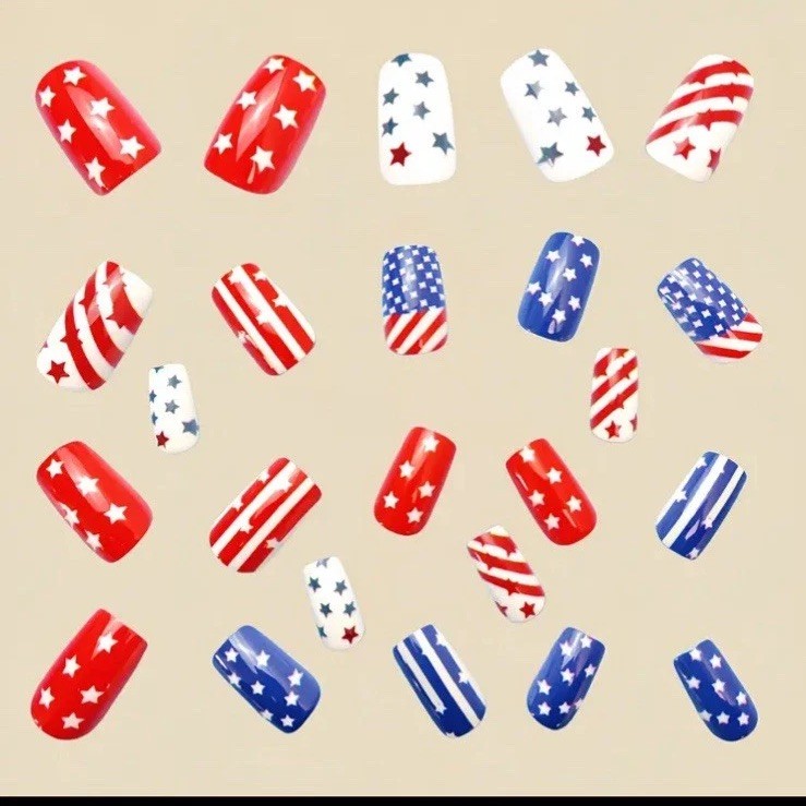 Square Patriotic 4th July Nail Tips 24pcs Finished Boxed With Glue & Tabs nails