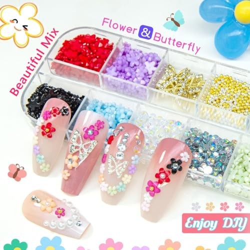 3D Flower Nail Charms Chunky Butterfly 2 Box Colorful Flowers Buterrfly Charms