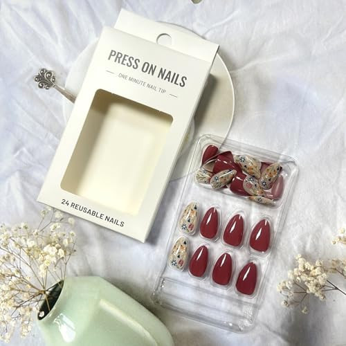 Almond Nails Press on Nails Medium Flower False Nails Colorful Floral Design