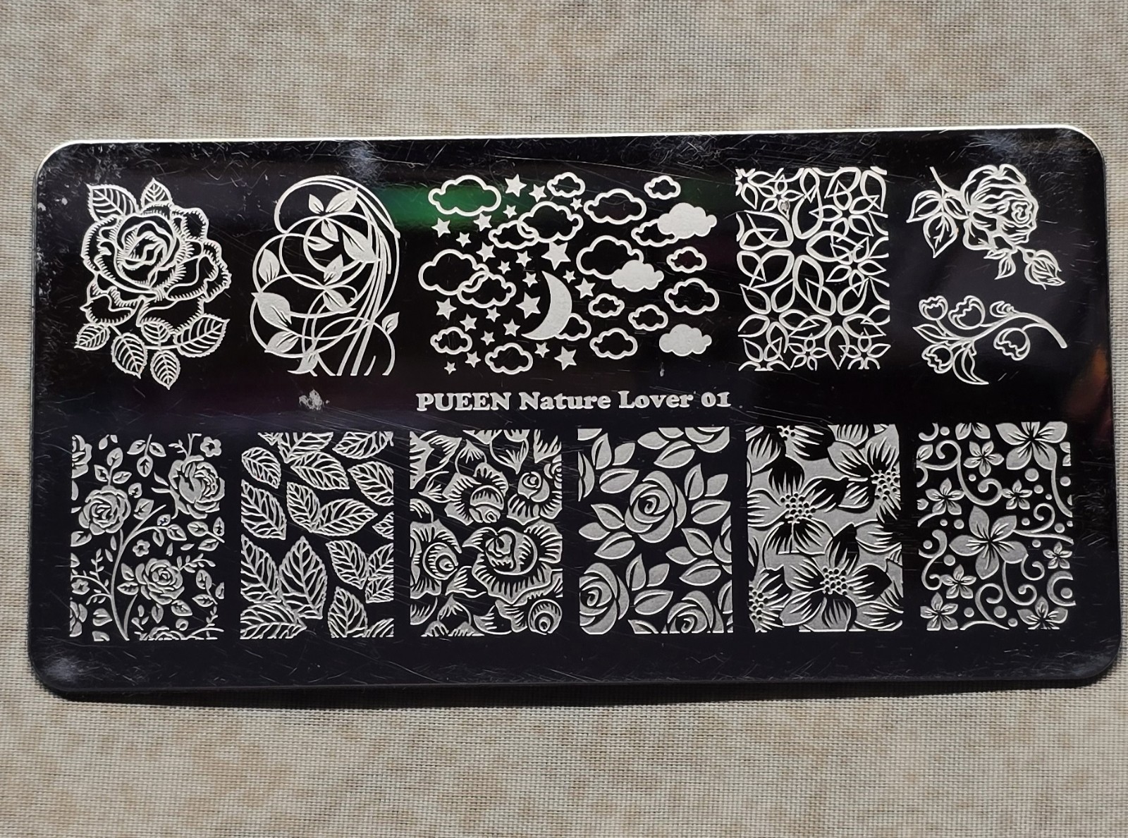 Nail Art Stamp Plate Pueen Nature Lover 01 Roses Flower Clouds Sky Leaves