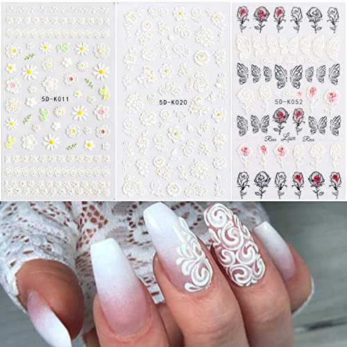 White Flowers Nail Art Stickers, 5D Engraved Flower Nail Art Self-Adhesive