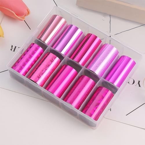 Nail Foil Transfer Sticker Kit – 10 Rolls Solid Color Sheets for Nail Art Pink