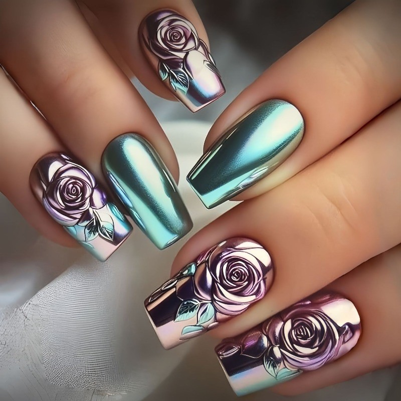 24pcs Medium Ballet Nails Purple Blue Floral with Mushroom Sea Plant Design
