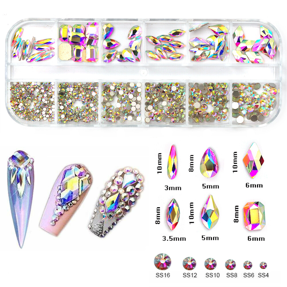 12Box/Set Mix SHAPE Crystal Rhinestone Diamond NON hotfix Nail Art Decoration