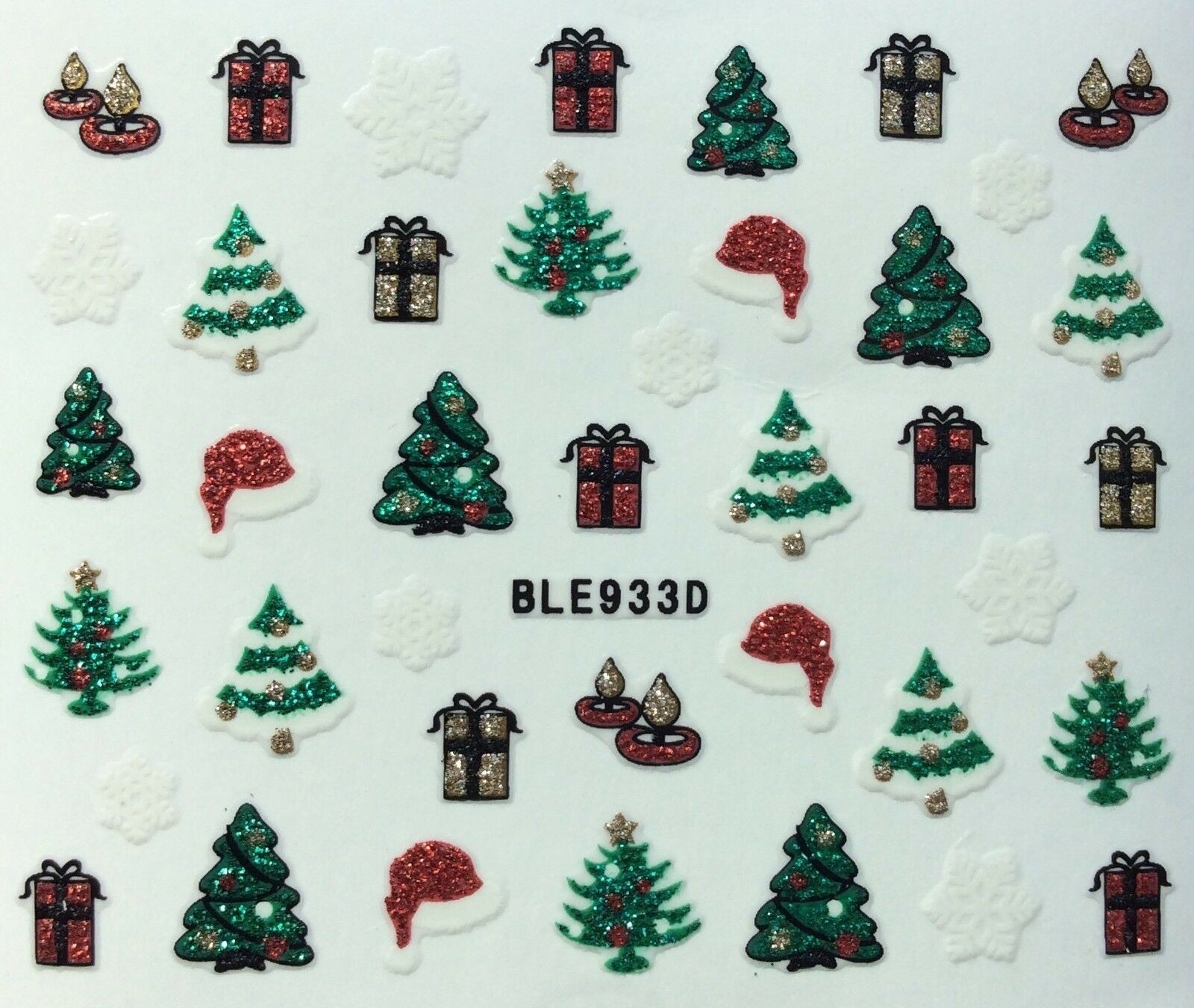 Nail Art 3D Glitter Decal Stickers Christmas tree candle gift snowflakes BLE933D