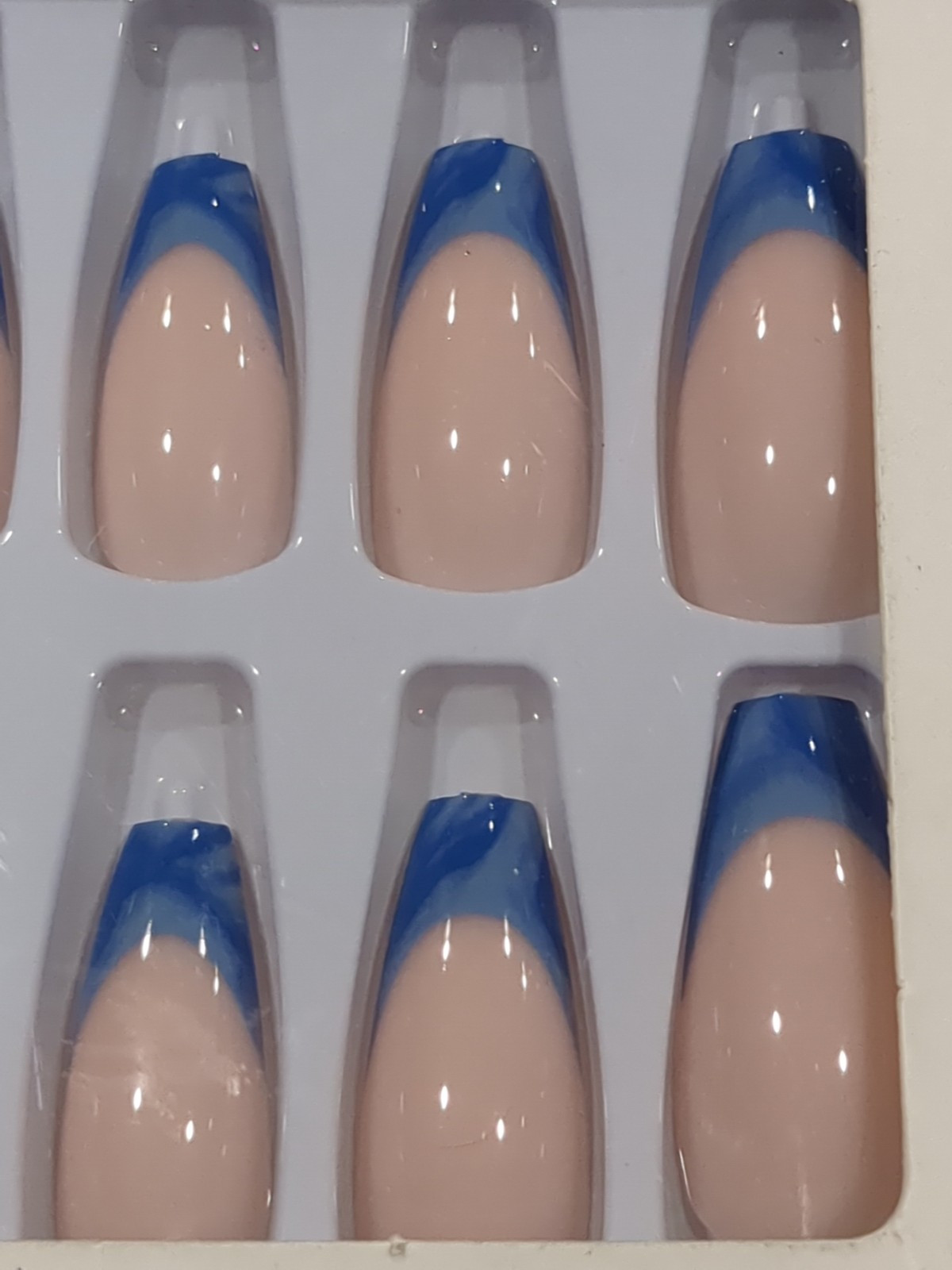 Medium Blue/Teal Wave Almond Press-On Fake Nails- 2 Kits- French Manicure 24pcs