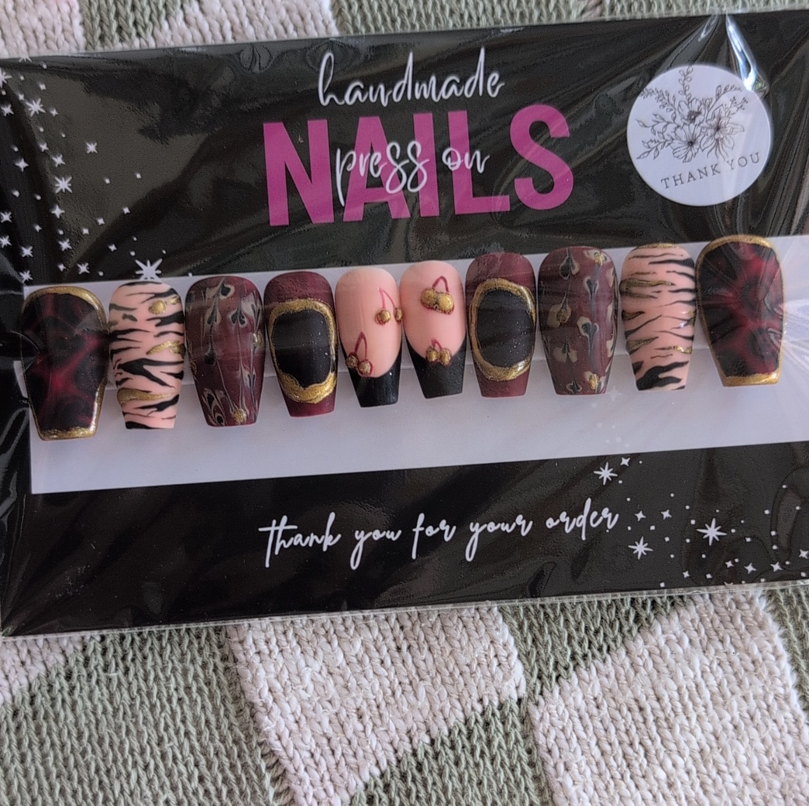 Press-On Nails Handmade Long Coffin Burgundy Black Sized XL